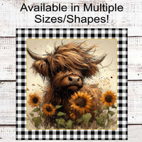 Baby Scottish Highland Cow Sign - Farmhouse Wreath Sign - Floral Welcome Sign - Sunflowers Decor