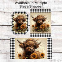 Baby Scottish Highland Cow Sign - Farmhouse Wreath Sign - Floral Welcome Sign - Sunflowers Decor