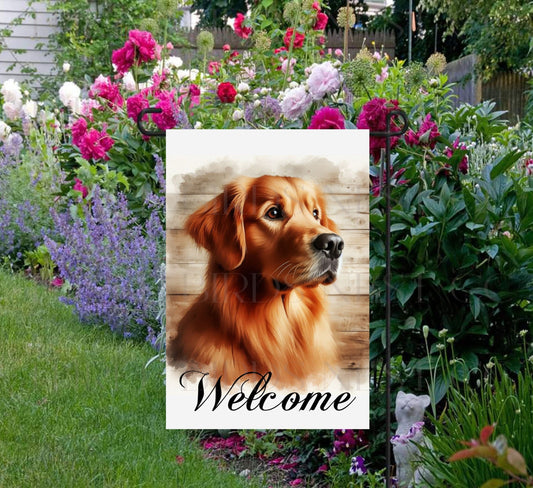 A beautiful Golden Retriever Welcome Garden Flag that will be perfect for any Pet Lover&#39;s home!