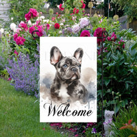 A beautiful Welcome Garden Flag with a Merle Colored French Bulldog.