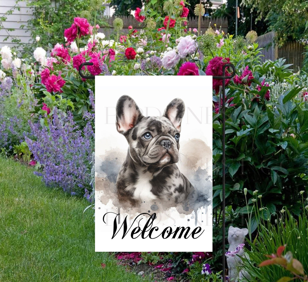 A beautiful Welcome Garden Flag with a Merle Colored French Bulldog.