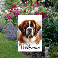 A beautiful Welcome Garden Flag with a Saint Bernard dog.