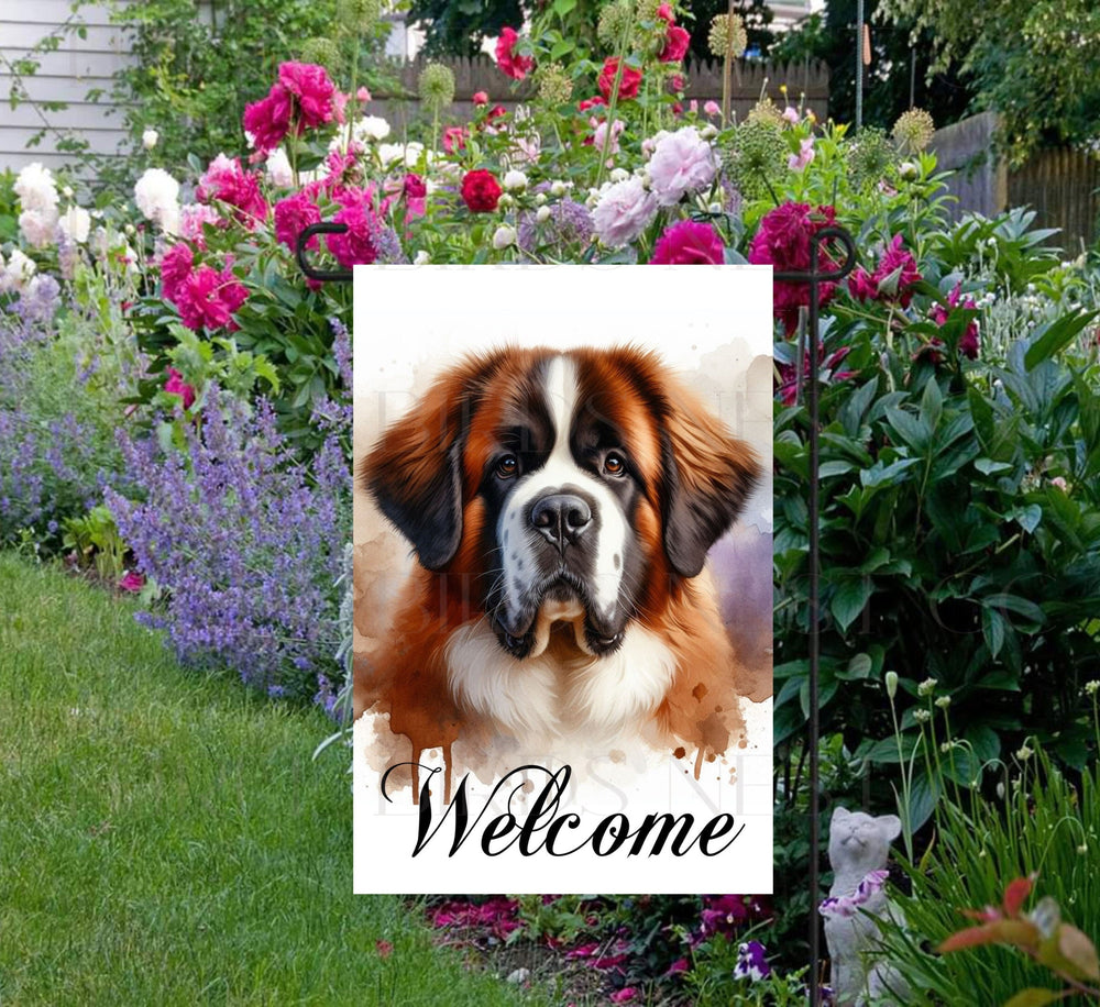 A beautiful Welcome Garden Flag with a Saint Bernard dog.