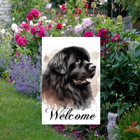 A beautiful Welcome Garden Flag with a Newfoundland dog.