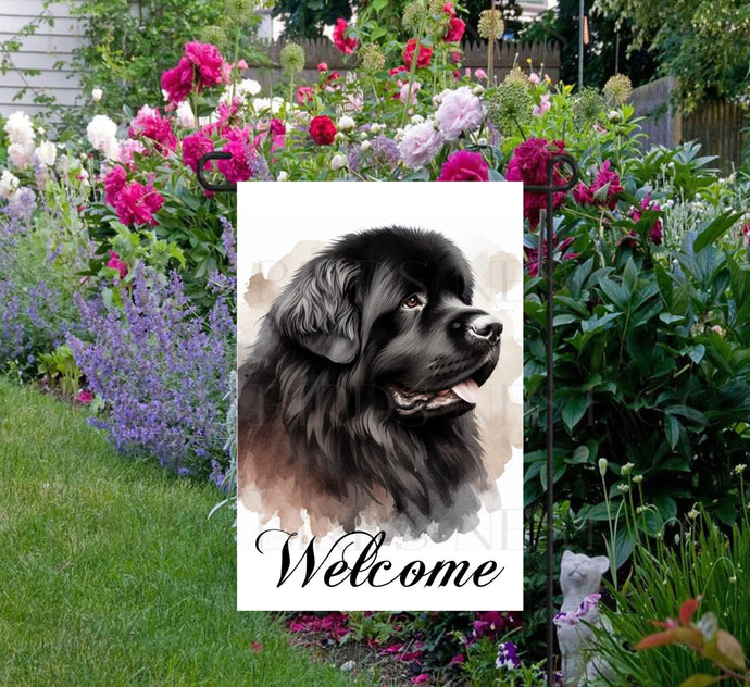 A beautiful Welcome Garden Flag with a Newfoundland dog.