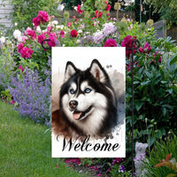 A beautiful Welcome Garden Flag with a black and white Siberian Husky dog.