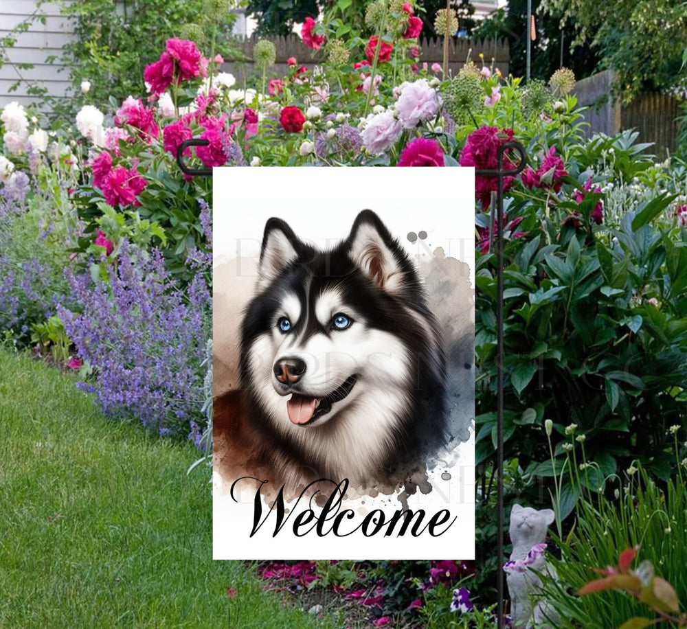 A beautiful Welcome Garden Flag with a black and white Siberian Husky dog.