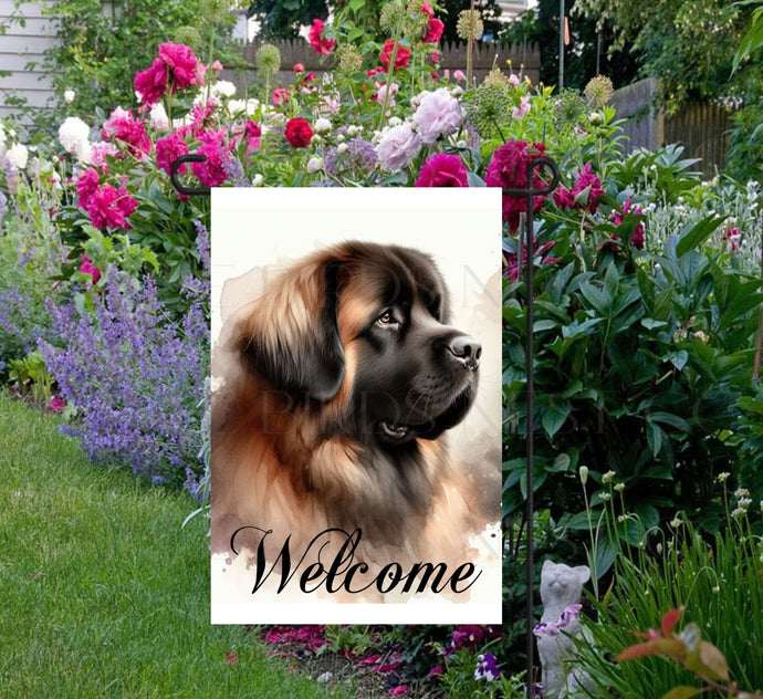 A beautiful Welcome Garden Flag with Leonberger dog.