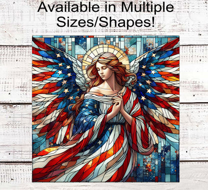 Stained Glass Angel Patriotic Wreath Sign - 4th of July Decor - God Bless America - American Flag Decor