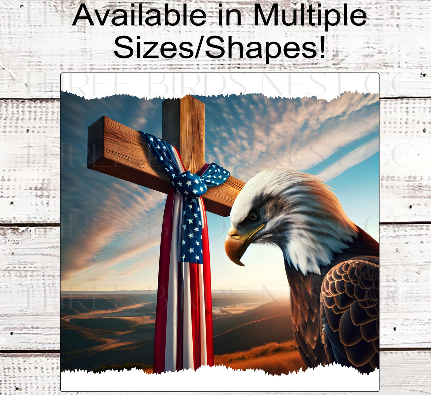 Patriotic Wreath Sign - American Flag - Bald Eagle - Religious Cross Sign - God Bless America