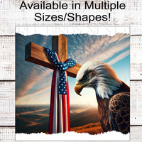 Patriotic Wreath Sign - American Flag - Bald Eagle - Religious Cross Sign - God Bless America