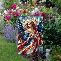 A beautiful stained-glass Angel dressed in an American Flag.