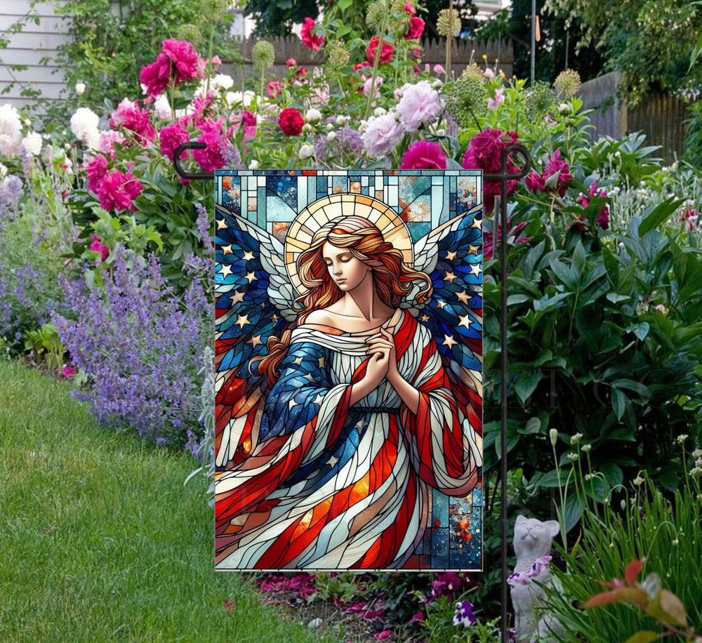 A beautiful stained-glass Angel dressed in an American Flag.