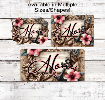 Home Wreath Sign - Tropical Wreath Sign - Beach Wreath Sign - Anchor Sign - Beach Welcome Sign - Hibiscus Flowers - Pineapple Decor