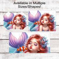 Baby Girl Mermaid Beach Wreath Sign - Clownfish Sign - Nautical Ocean Decor - Starfish Sign