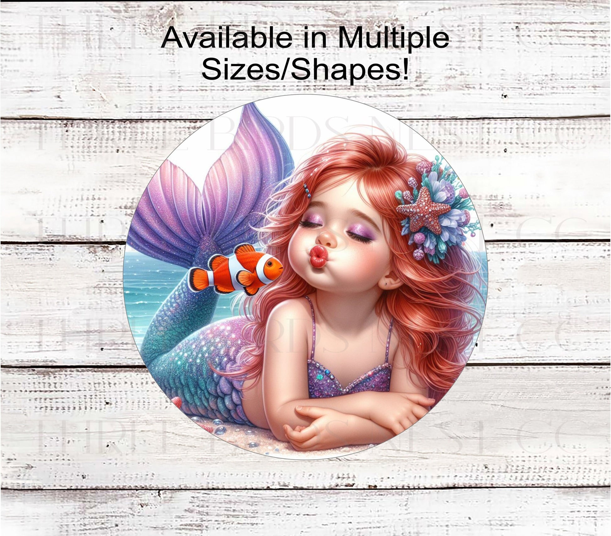 A beautiful Beach Wreath Sign featuring a baby girl Mermaid and her Clownfish friend.