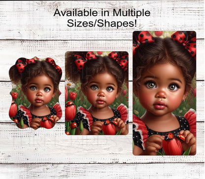 Ladybug Wreath Sign - African American Girl - Tulips - Everyday Wreath Signs - Ethnic Decor