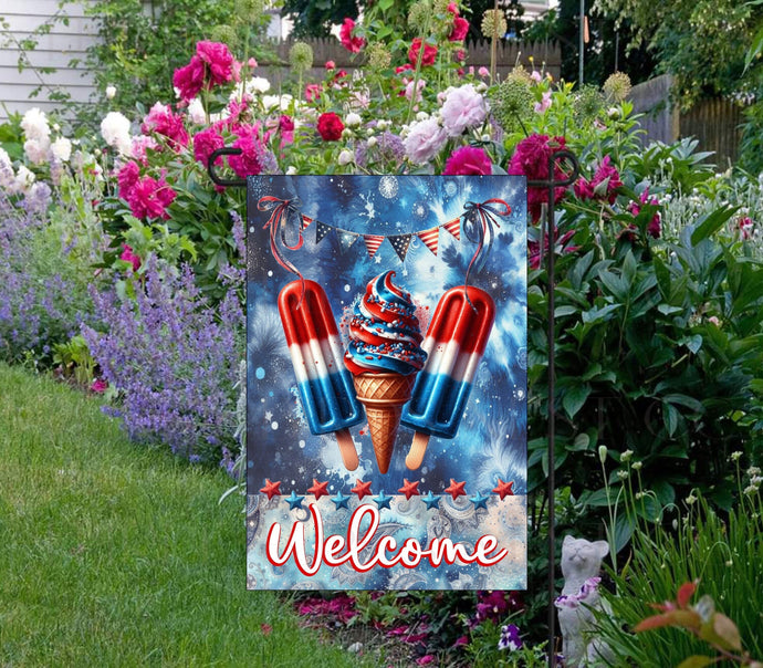 A tie dye look Patriotic Ice Cream and Popsicles Garden Flag.