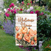 A beautiful Welcome Home Garden Flag featuring Pantone Peach Colored Tulips and Bumble Bees.