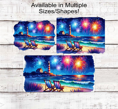 Patriotic Lighthouse Beach Wreath Sign - 4th of July Fireworks - Beach Chairs