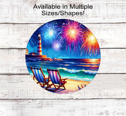 A beautiful beach scene with a Lighthouse and 4th of July fireworks.