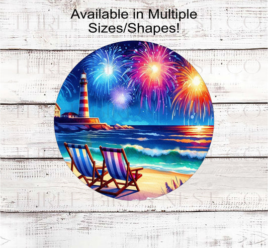 A beautiful beach scene with a Lighthouse and 4th of July fireworks.