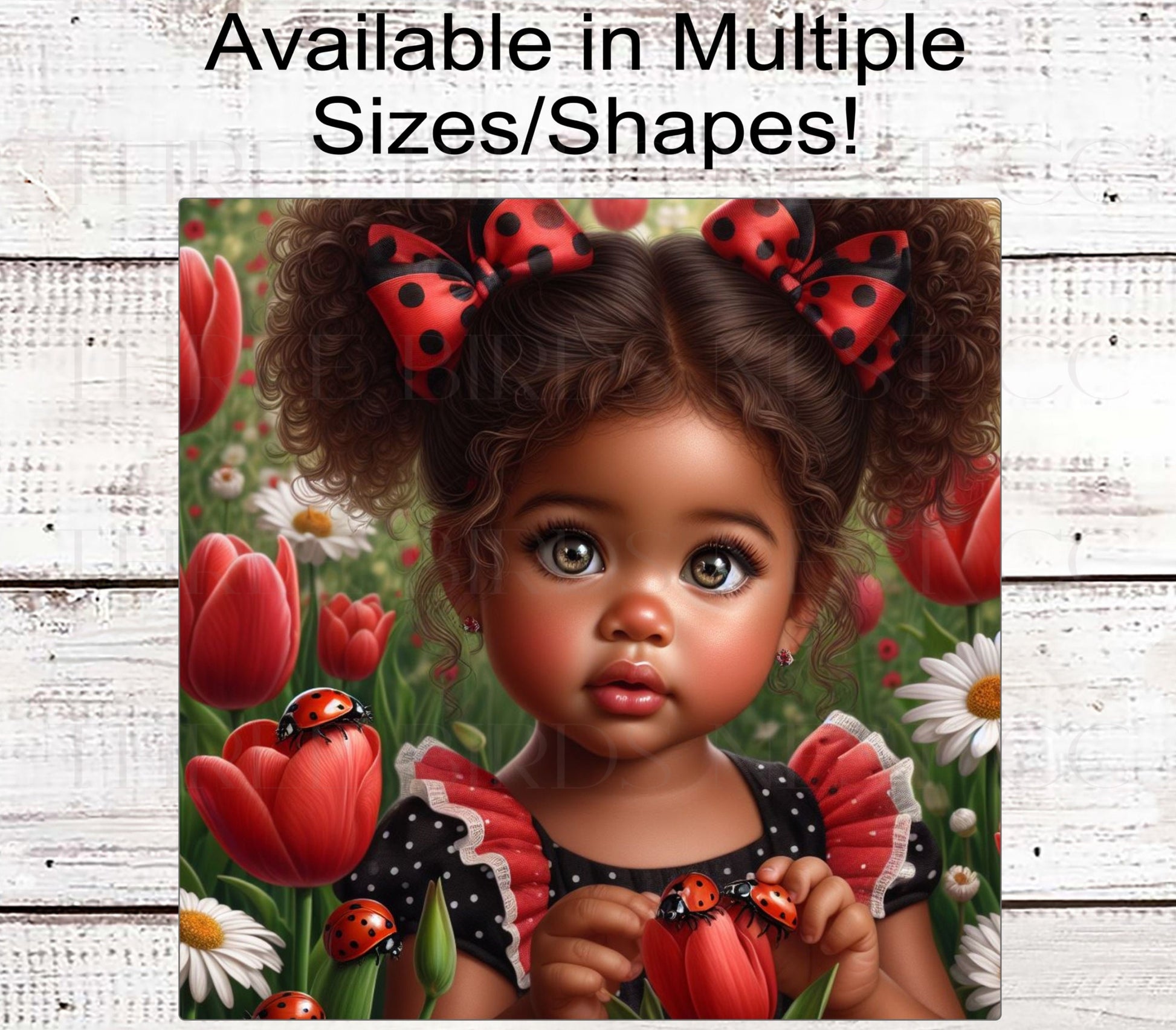 Ladybug Wreath Sign - African American Girl - Tulips - Everyday Wreath Signs - Ethnic Decor