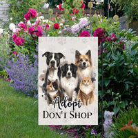 An adorable group of Cats and Dogs on a Garden Flag- Adopt Dont Shop for rescue pets and to encourage adoption.