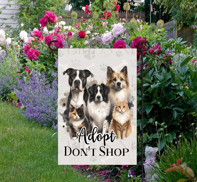 An adorable group of Cats and Dogs on a Garden Flag- Adopt Dont Shop for rescue pets and to encourage adoption.