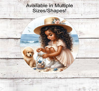 
              An adorable African American Toddler girl collecting sea shells in a mason jar on the beach with her Golden Retriever puppy.
            