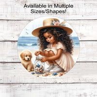 An adorable African American Toddler girl collecting sea shells in a mason jar on the beach with her Golden Retriever puppy.