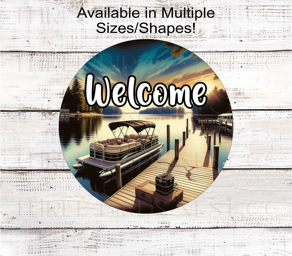 A beautiful Welcome Wreath Sign featuring a Lake pier with a Pontoon boat.