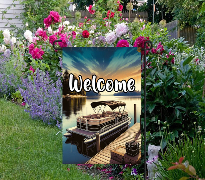 A beautiful Lake Welcome Flag featuring a Pontoon Boat.