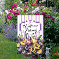 A beautiful Welcome Friends Garden Flag featuring yellow and purple Tulips and Bumble Bees.