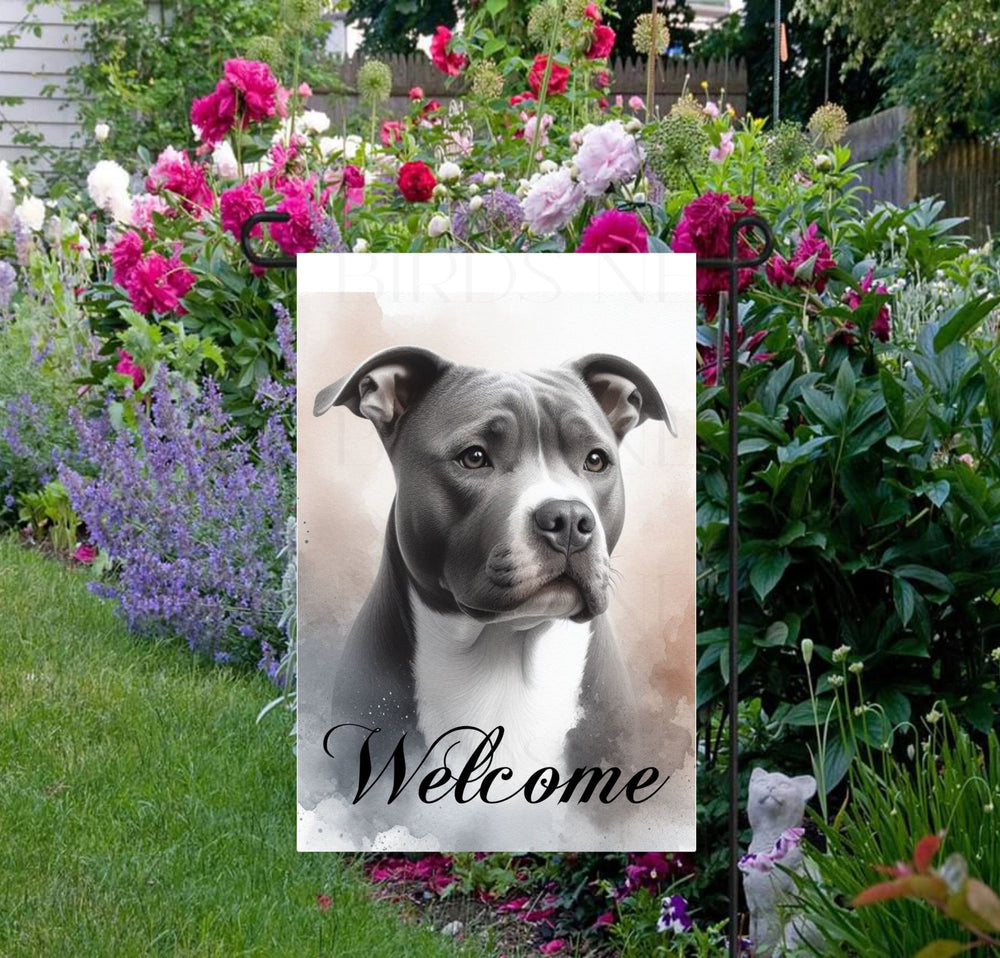 A beautiful Welcome Garden Flag with a Grey and White Pit Bull Dog.
