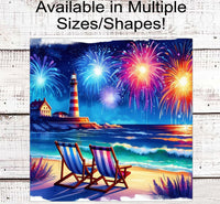 
              Patriotic Lighthouse Beach Wreath Sign - 4th of July Fireworks - Beach Chairs
            