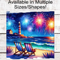 Patriotic Lighthouse Beach Wreath Sign - 4th of July Fireworks - Beach Chairs