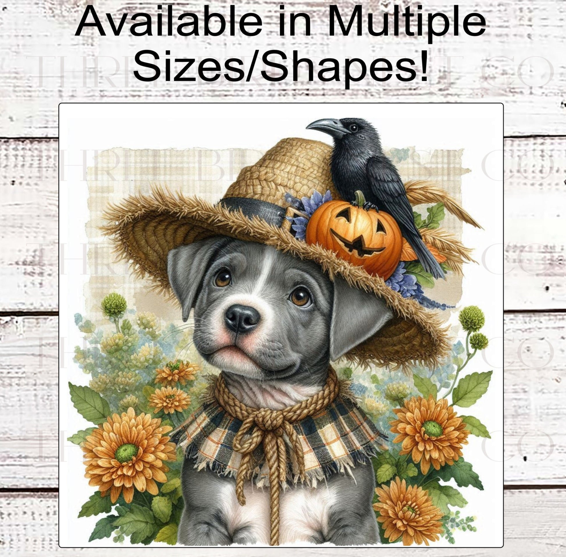 Fall Scarecrow Wreath Sign - Staffordshire Terrier Dog - Halloween Dog - Black Crow - Jack-O-Lantern Pumpkin - Pit Bull Lover - Pet Dog Sign