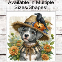 Fall Scarecrow Wreath Sign - Staffordshire Terrier Dog - Halloween Dog - Black Crow - Jack-O-Lantern Pumpkin - Pit Bull Lover - Pet Dog Sign