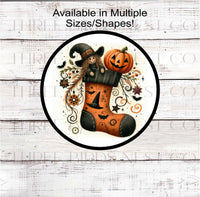 
              An adorable Primitive Halloween Wreath Sign with a stocking with bats and a cute Witch and Jack-O-Lantern Pumpkin and florals.
            