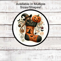 An adorable Primitive Halloween Wreath Sign with a stocking with bats and a cute Witch and Jack-O-Lantern Pumpkin and florals.