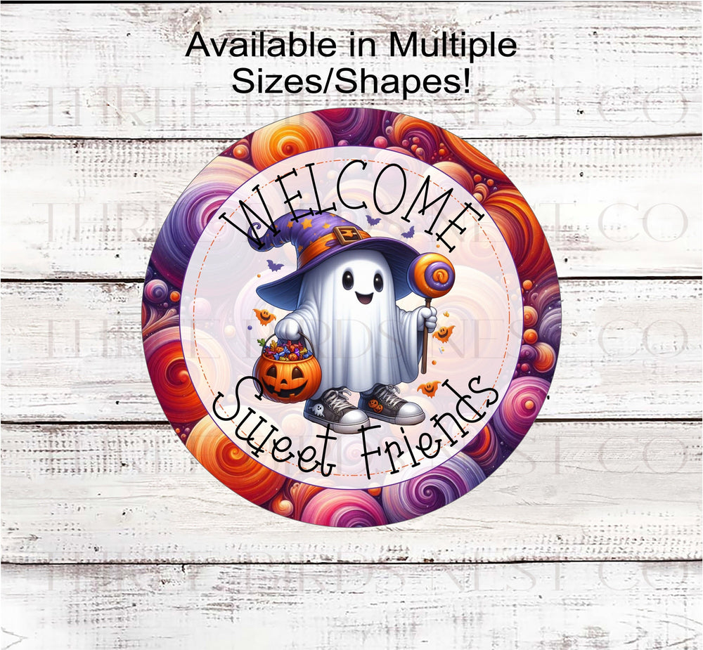 An adorable Halloween Ghost wearing sneakers with his candy bucket and lollipop with a bright Halloween Candy Background.