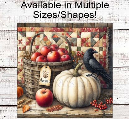 Primitive Fall Wreath Sign - Vintage Quilt - Black Crow - White Pumpkin - Farmers Market - Farm Fresh Apples