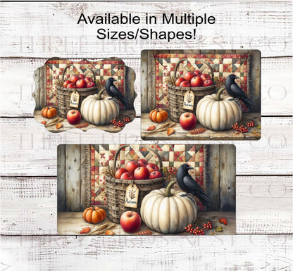 Primitive Fall Wreath Sign - Vintage Quilt - Black Crow - White Pumpkin - Farmers Market - Farm Fresh Apples