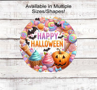 
              An adorable Halloween Wreath Sign filled with pastel candy, ice cream, and cupcakes with a jack-o-lantern and bats.
            