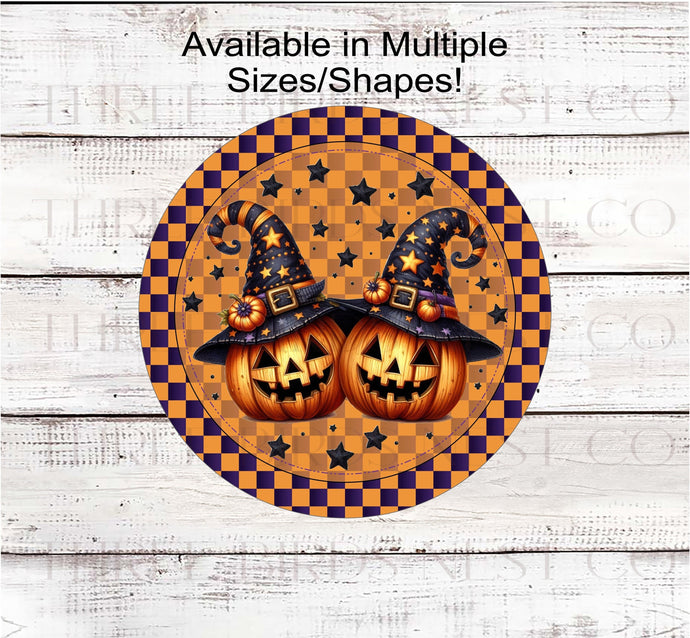 An adorable Halloween Wreath Sign featuring two primitive Jack-o-Lanterns wearing Witch Hats surrounded by checks and stars.