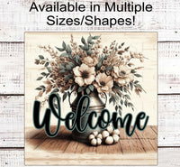 
              Magnolia Welcome Wreath Sign - Farmhouse Wreath Sign - Floral Cotton Welcome Sign - Rustic Milk Can
            