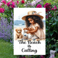 The Beach is Calling and there&#39;s an adorable African American girl collecting shells in a mason jar as her Golden Retriever puppy watches by her side.