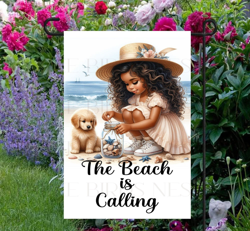 The Beach is Calling and there's an adorable African American girl collecting shells in a mason jar as her Golden Retriever puppy watches by her side.