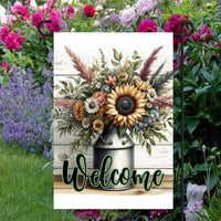 This beautiful double-sided Garden Flag features a rustic farmhouse scene with a metal milk can full of Sunflowers and other flowers with a Welcome message.